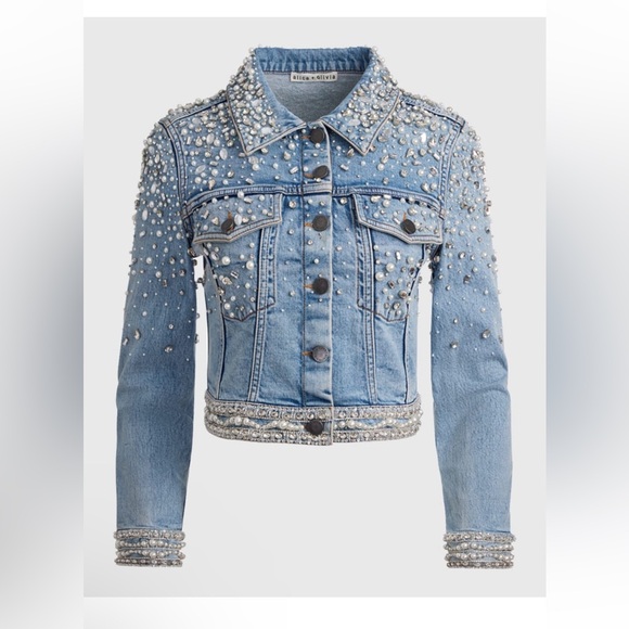 Alice + Olivia Pearl Studded Light Blue Denim Jacket small - Picture 3 of 5